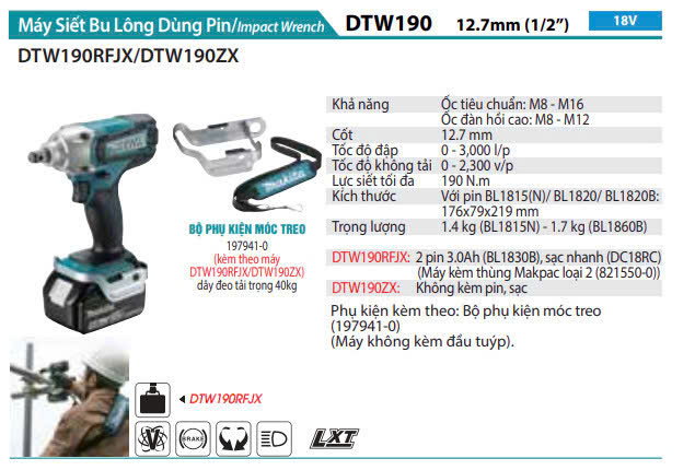 Máy siết bu lông dùng pin DTW190RFJX/DTW190ZX