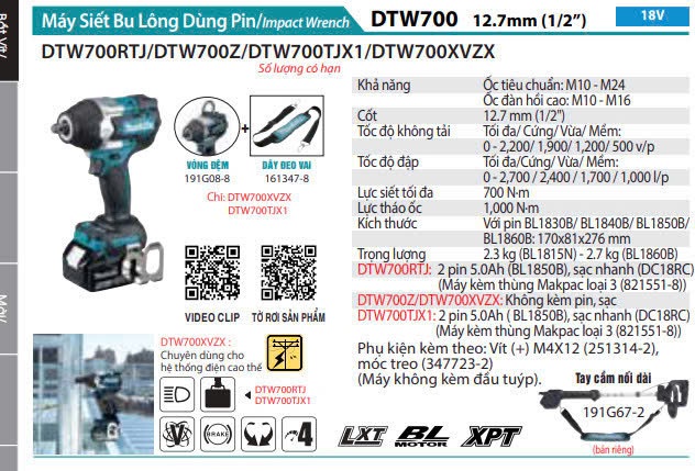 Máy siết bu lông dùng pin DTW700