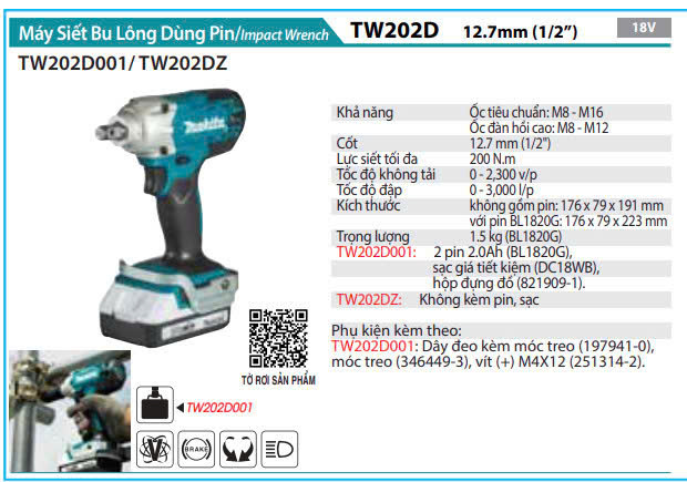 Máy siết bu lông dùng pin TW202D001/TW202DZ