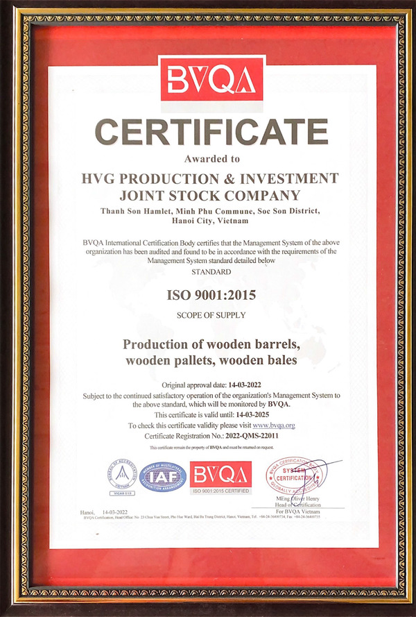 Chứng nhận ISO 9001:2015 - Pallet HVG - Công Ty TNHH Đầu Tư & Sản Xuất HVG