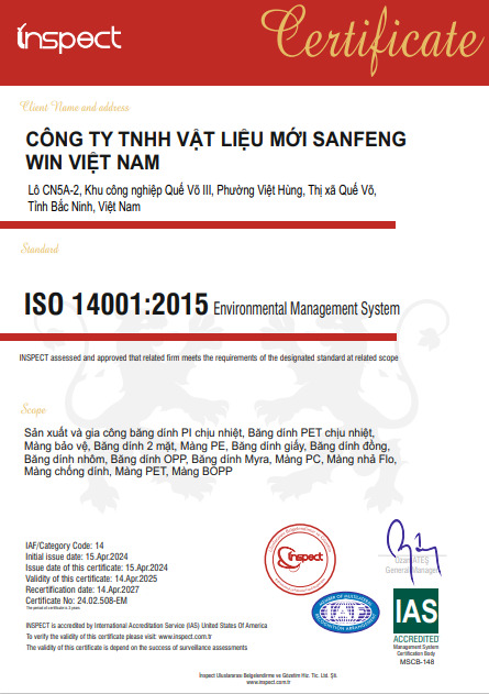 Chứng nhận ISO 14001:2015 - Băng Dính Sanfeng Win - Công Ty TNHH Vật Liệu Mới Sanfeng Win Việt Nam