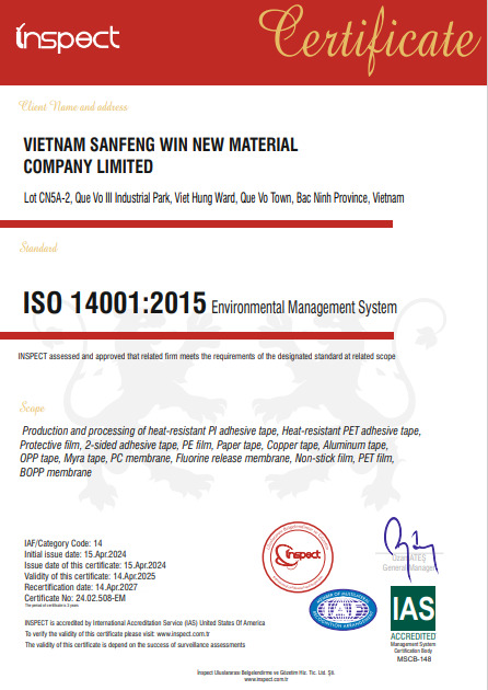 Chứng nhận ISO 14001:2015 - Băng Dính Sanfeng Win - Công Ty TNHH Vật Liệu Mới Sanfeng Win Việt Nam