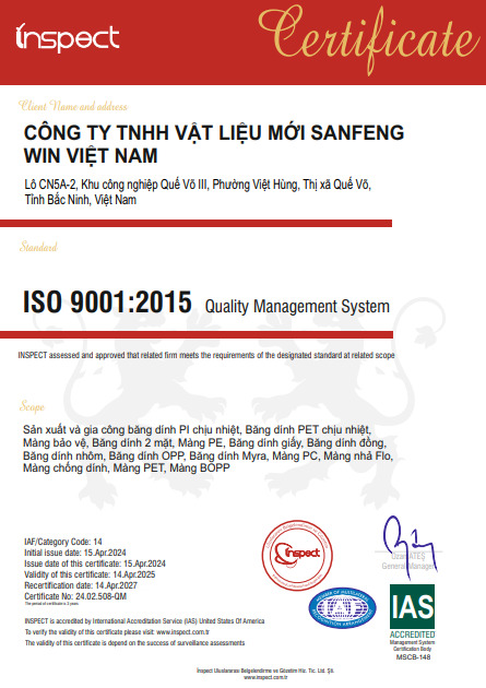 Chứng nhận ISO 9001:2015 - Băng Dính Sanfeng Win - Công Ty TNHH Vật Liệu Mới Sanfeng Win Việt Nam