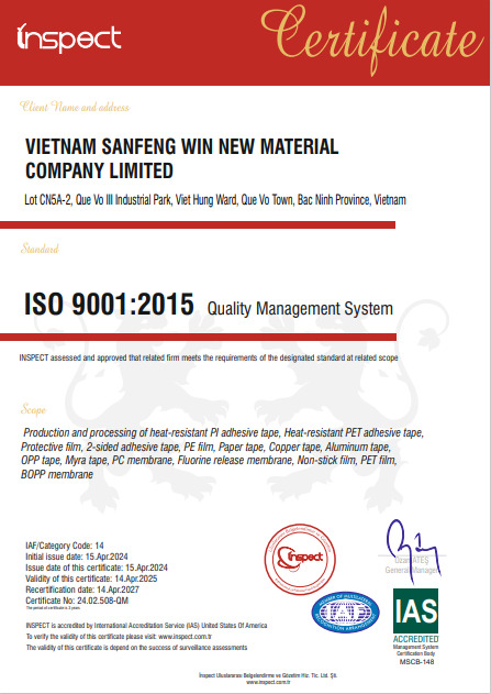 Chứng nhận ISO 9001:2015 - Băng Dính Sanfeng Win - Công Ty TNHH Vật Liệu Mới Sanfeng Win Việt Nam