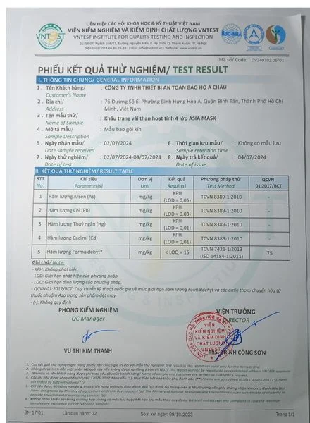 Phiếu kết quả thử nghiệm