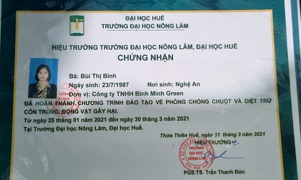 Chứng nhận - Thuốc Diệt Côn Trùng Bình Minh Green - Công Ty TNHH Bình Minh Green