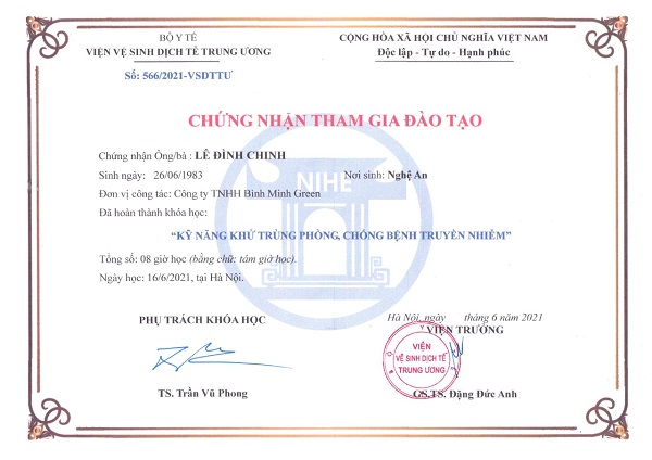 Chứng nhận tham gia đào tạo - Thuốc Diệt Côn Trùng Bình Minh Green - Công Ty TNHH Bình Minh Green