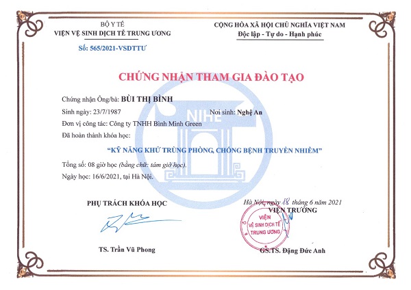 Chứng nhận tham gia đào tạo - Thuốc Diệt Côn Trùng Bình Minh Green - Công Ty TNHH Bình Minh Green