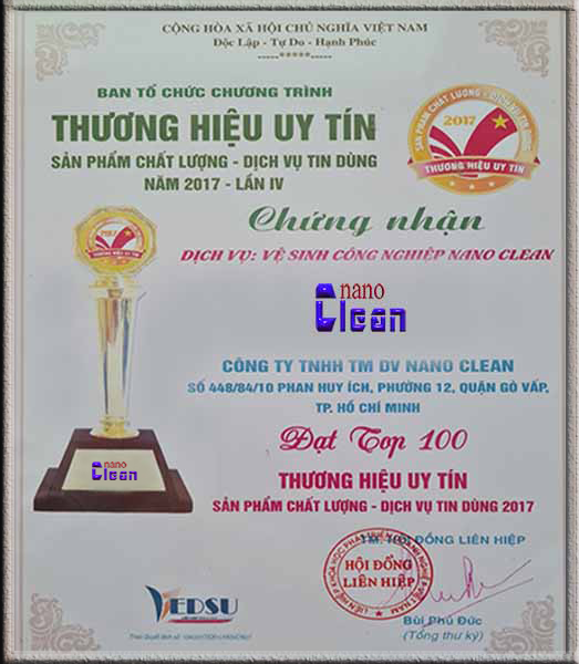 Chứng nhận thương hiệu uy tín - Vệ Sinh Công Nghiệp Nano Clean - Công Ty TNHH Thương Mại Dịch Vụ Nano Clean