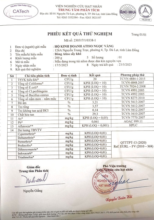 Phiếu thử nghiệm CATech - Trà Atiso Ngọc Vàng - Cơ Sở Huỳnh Tấn Được