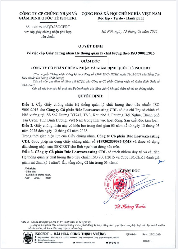 Chứng nhận ISO 9001:2015 - Đúc Lostwaxcasting CDL - Công Ty Cổ Phần Đúc Lostwaxcasting CDL
