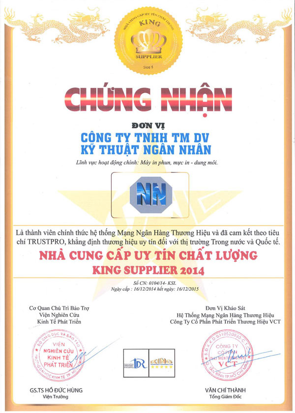 Chất lượng nhà cung cấp uy tín chất lượng King Supplier 2014 - Máy In Date Ngân Nhân Phát - Công Ty TNHH Ngân Nhân Phát