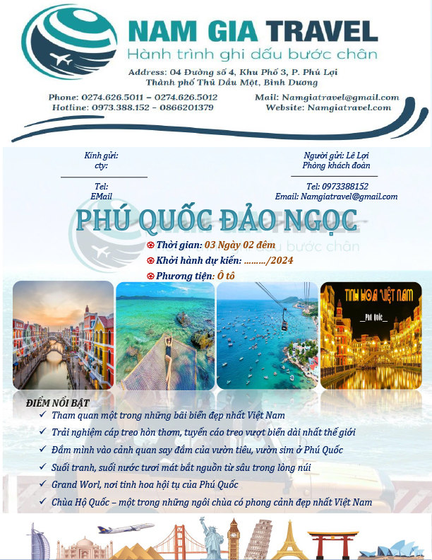 Tour Phú Quốc 3N2Đ MB - Nam Gia Travel - Công Ty TNHH Dịch Vụ Lữ Hành Nam Gia Travel