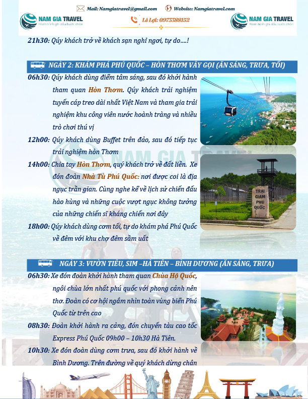 Tour Phú Quốc 3N3Đ - Nam Gia Travel - Công Ty TNHH Dịch Vụ Lữ Hành Nam Gia Travel