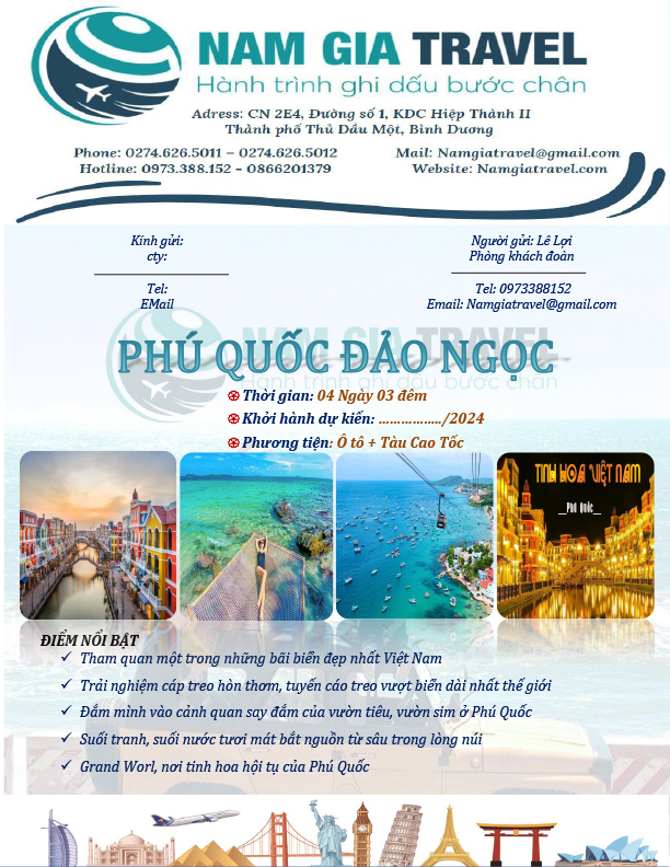 Tour Phú Quốc 4N3Đ - Nam Gia Travel - Công Ty TNHH Dịch Vụ Lữ Hành Nam Gia Travel