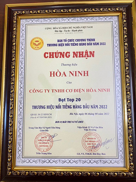 Chứng nhận top 20 thương hiệu nổi tiếng hàng đầu năm 2022