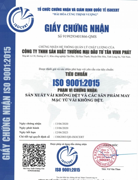 Chứng nhận ISO vải SS - Túi Vải Không Dệt Tân Vinh Phát - Công Ty TNHH Sản Xuất Thương Mại Đầu Tư Tân Vinh Phát