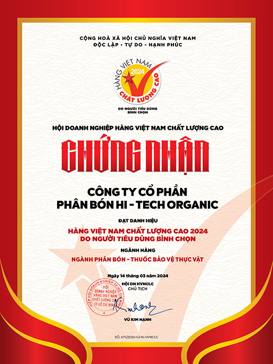 Chứng nhận Hi-tech Organic Hàng Việt Nam Chất Lượng Cao 2024 - Phân Bón Đức Thành - Công Ty Trách Nhiệm Hữu Hạn Thương Mại, Dịch vụ, Sản Xuất, Xuất Nhập Khẩu Đức Thành