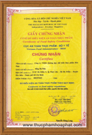 Chứng nhận Cơ sở đủ điều kiện vệ sinh an toàn thực phẩm - Gia Công Sấy Hòa Phát - Công Ty TNHH Thương Mại Chế Biến Thực Phẩm Hòa Phát