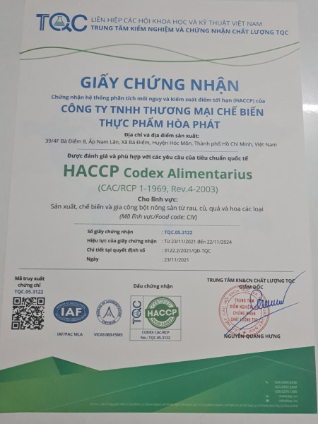 HACCP - Gia Công Sấy Hòa Phát - Công Ty TNHH Thương Mại Chế Biến Thực Phẩm Hòa Phát