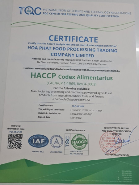 HACCP - Gia Công Sấy Hòa Phát - Công Ty TNHH Thương Mại Chế Biến Thực Phẩm Hòa Phát