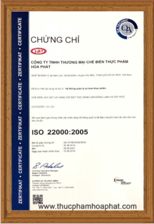 ISO 22000:2005 - Gia Công Sấy Hòa Phát - Công Ty TNHH Thương Mại Chế Biến Thực Phẩm Hòa Phát