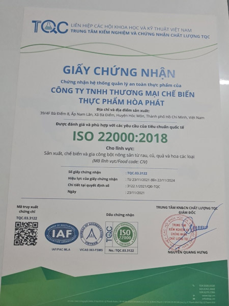 ISO 22000:2018 - Gia Công Sấy Hòa Phát - Công Ty TNHH Thương Mại Chế Biến Thực Phẩm Hòa Phát