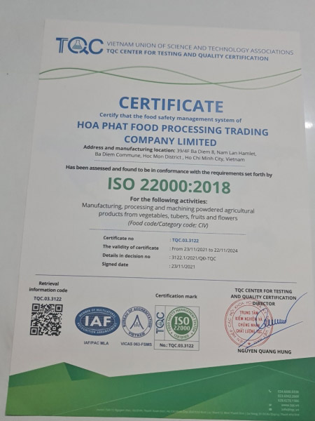 ISO 22000:2018 - Gia Công Sấy Hòa Phát - Công Ty TNHH Thương Mại Chế Biến Thực Phẩm Hòa Phát