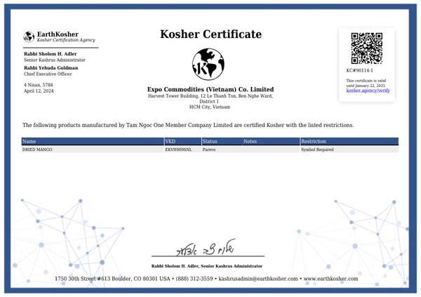 Kosher - Trái Cây Sấy Tam Ngọc - Công Ty TNHH Một Thành Viên Tam Ngọc