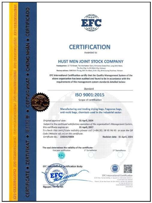 Chứng nhận ISO 9001:2015 - Hóa Chất HUST MEN - Công Ty Cổ Phần HUST MEN