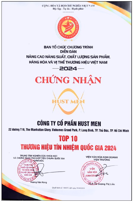 Chứng nhận Top 10 thương hiệu tín nhiệm quốc gia 2024 - Hóa Chất HUST MEN - Công Ty Cổ Phần HUST MEN