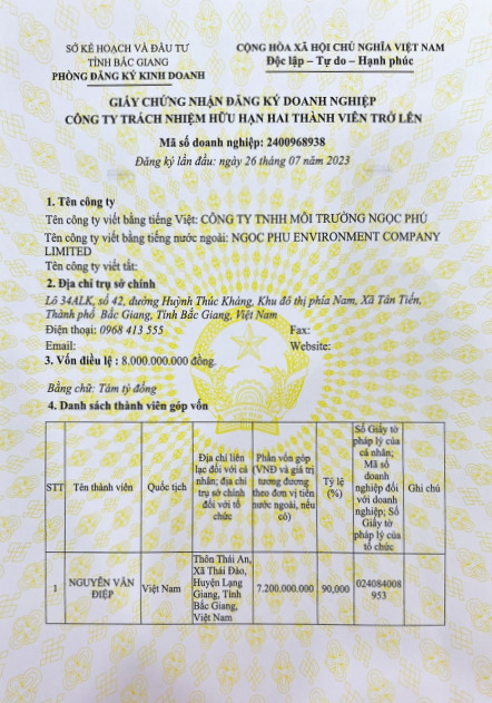 Chứng nhận đăng ký doanh nghiệp - Thu Mua Phế Liệu Ngọc Phú - Công Ty TNHH Môi Trường Ngọc Phú