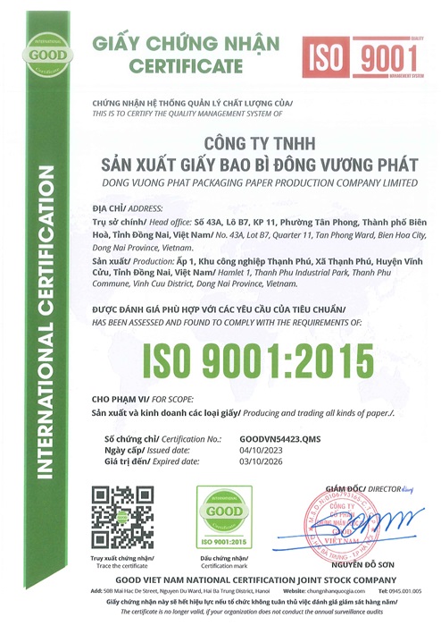 Chứng nhận ISO 9001:2015 - Công Ty TNHH Sản Xuất Giấy Bao Bì Đông Vương Phát