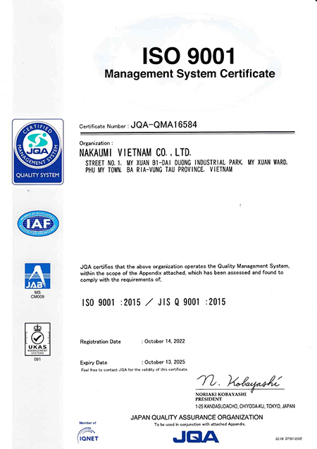 Chứng chỉ ISO 9001:2015 - Thanh Ren Nakaumi - Công Ty TNHH Nakaumi Việt Nam