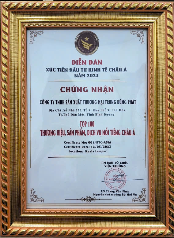 Chứng nhận Top 100 thương hiệu, sản phẩm, dịch vụ nổi tiếng Châu á