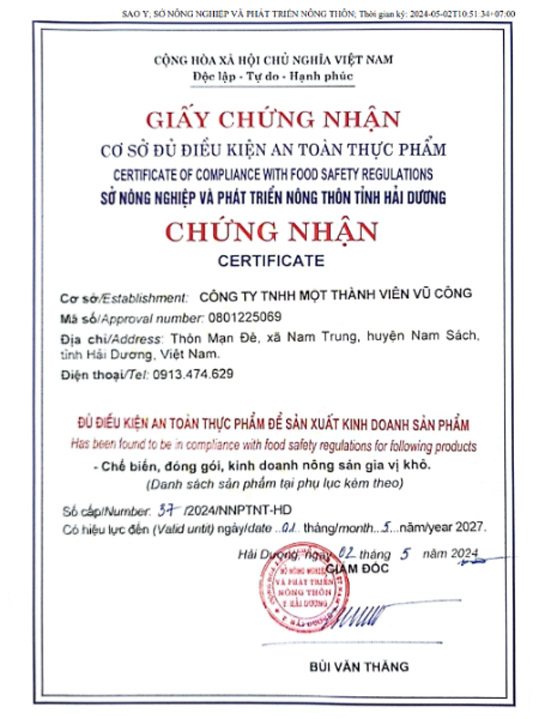 Chứng nhận an toàn vệ sinh thực phẩm - Nhà Máy Sản Xuất Và Chế Biến Nông Sản Vũ Công - Công Ty TNHH Một Thành Viên Vũ Công