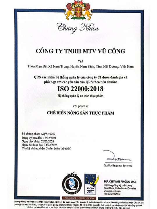 Chứng nhận ISO 22000:2018 - Nhà Máy Sản Xuất Và Chế Biến Nông Sản Vũ Công - Công Ty TNHH Một Thành Viên Vũ Công