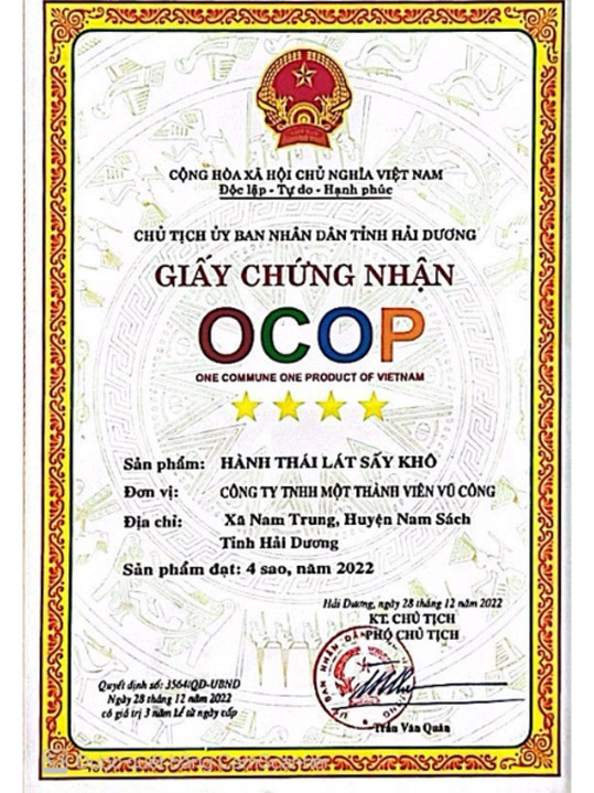 Chứng nhận OCOP - Nhà Máy Sản Xuất Và Chế Biến Nông Sản Vũ Công - Công Ty TNHH Một Thành Viên Vũ Công