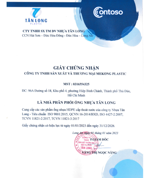 Chứng nhận NPP Mekong - ống Nhựa Xoắn Mekong Plastic - Công Ty TNHH Sản Xuất Và Thương Mại Mekong Plastic