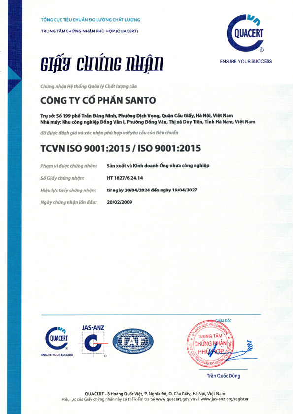 Chứng nhận TCVN 9001:2015 - ống Nhựa Xoắn Mekong Plastic - Công Ty TNHH Sản Xuất Và Thương Mại Mekong Plastic