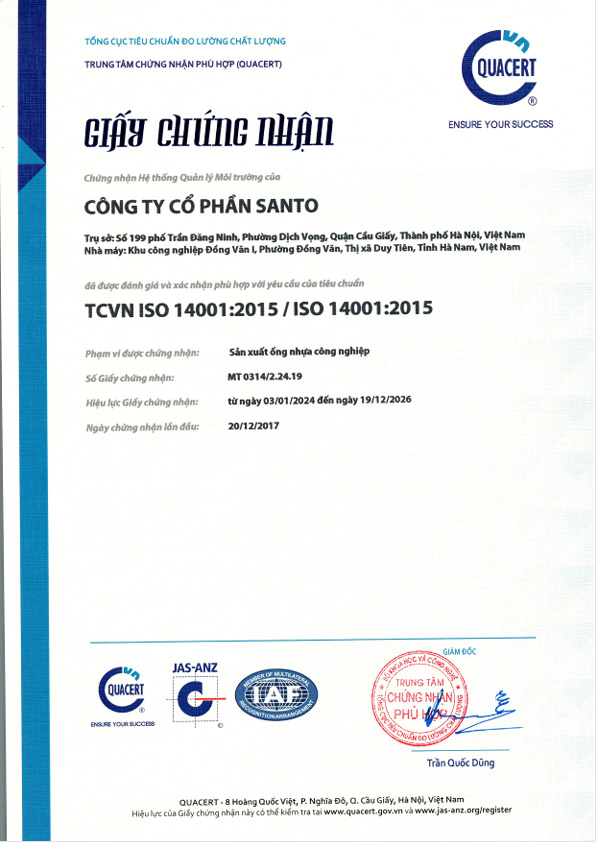 Chứng nhận TCVN ISO 14001:2015 - ống Nhựa Xoắn Mekong Plastic - Công Ty TNHH Sản Xuất Và Thương Mại Mekong Plastic