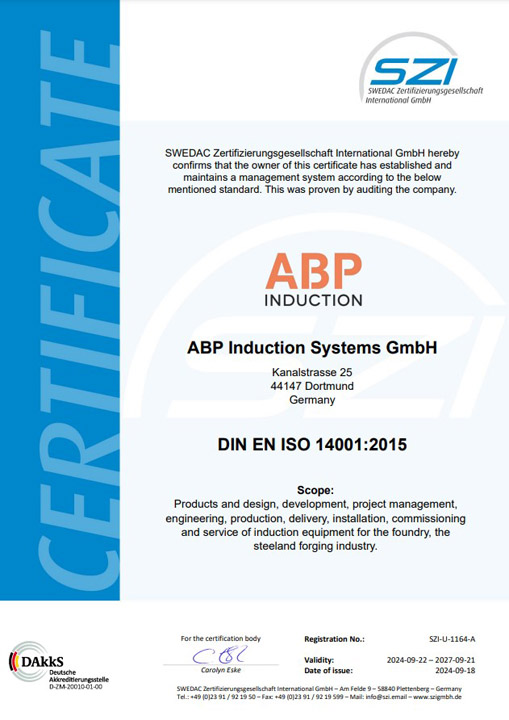 ISO 14001:2015 - Lò Nung Ecoline - ABP INDUCTION SYSTEMS GMBH