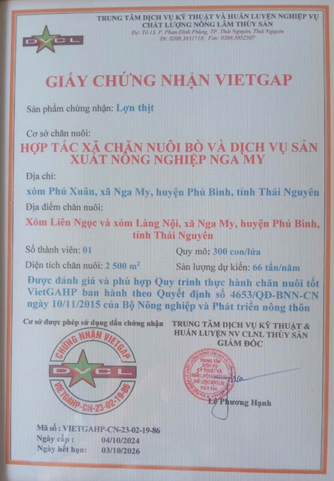 Chứng nhận VIETGAP - Thực Phẩm Nga My - Hợp Tác Xã Chăn Nuôi Bò Và Dịch Vụ Sản Xuất Nông Nghiệp Nga My