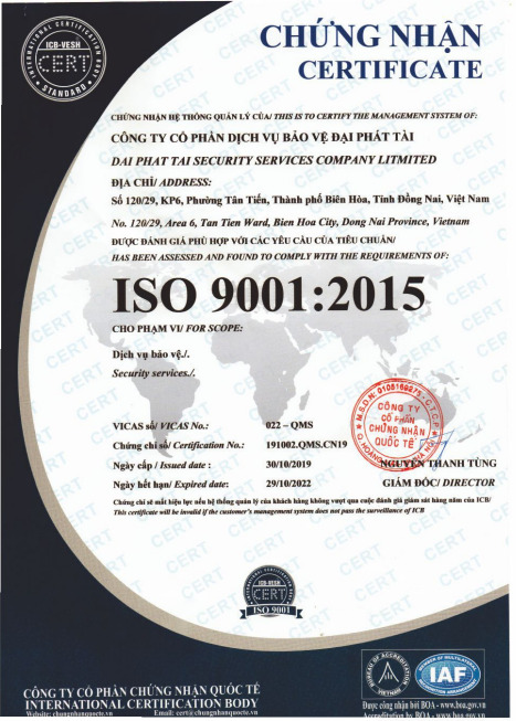 Chứng nhận ISO 9001:2015 - Bảo Vệ Đại Phát Tài - Công Ty Cổ Phần Dịch Vụ Bảo Vệ Đại Phát Tài