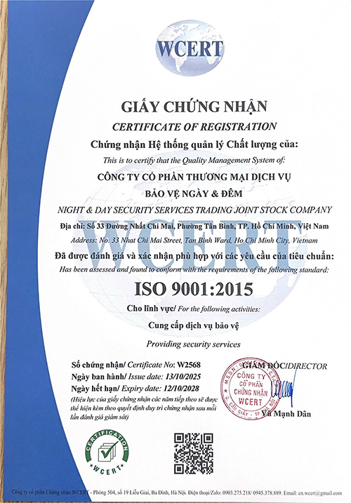 Chứng nhận - Bảo Vệ Ngày & Đêm - Chi Nhánh Công Ty Cổ Phần Thương Mại Dịch Vụ Bảo Vệ Ngày & Đêm Tại TP Cần Thơ