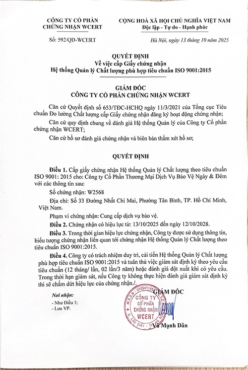 Chứng nhận - Bảo Vệ Ngày & Đêm - Chi Nhánh Công Ty Cổ Phần Thương Mại Dịch Vụ Bảo Vệ Ngày & Đêm Tại TP Cần Thơ