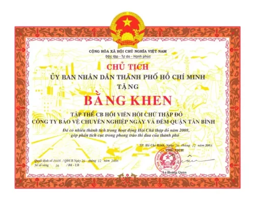 Bằng khen - Dịch Vụ Bảo Vệ Ngày & Đêm - Chi Nhánh Công Ty TNHH Dịch Vụ Bảo Vệ Ngày & Đêm Tại Thành Phố Cần Thơ