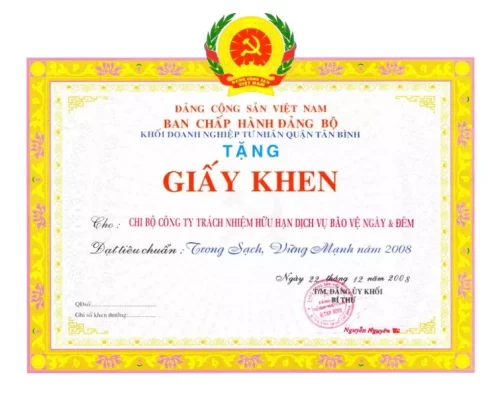 Bằng khen - Dịch Vụ Bảo Vệ Ngày & Đêm - Chi Nhánh Công Ty TNHH Dịch Vụ Bảo Vệ Ngày & Đêm Tại Thành Phố Cần Thơ