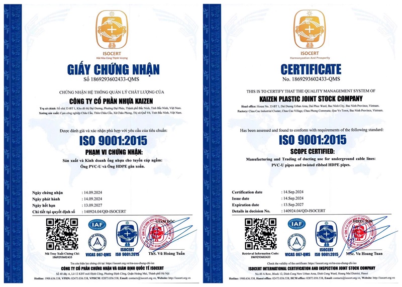 Chứng nhận ISO 9001:2015 - ống Nhựa Kaizen - Công Ty Cổ Phần Nhựa Kaizen