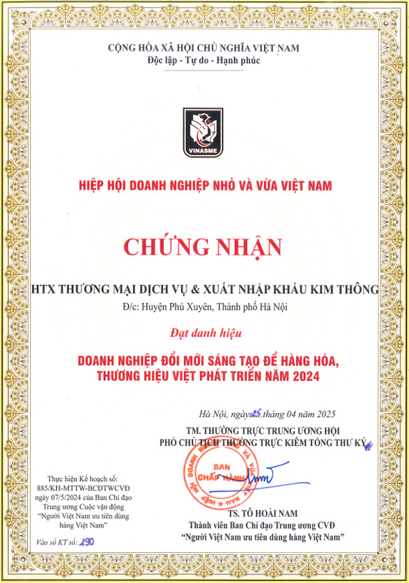 Chứng nhận - Hạt Sacha Inchi - Hợp Tác Xã Thương Mại Dịch Vụ Du Lịch Và Xuất Nhập Khẩu Kim Thông